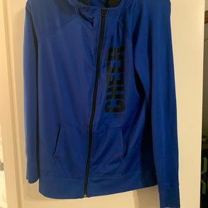 Justice dark blue zip up jacket says cheer on side